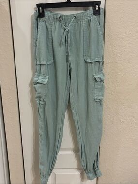 Nicole Miller Linen Light Sage Cargo Drawstring Joggers